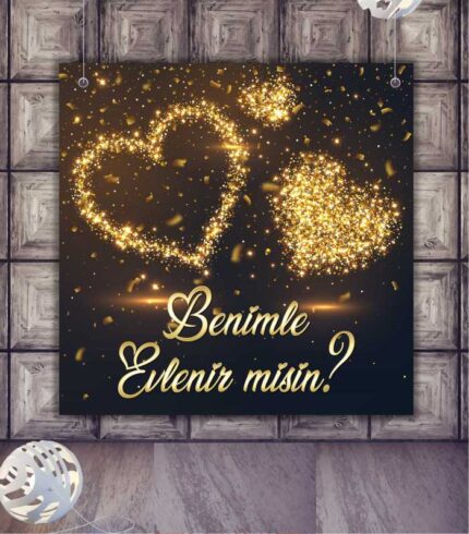 Siyah Gold İkili Kalpli Işıltılı Evlilik Teklifi Afişi